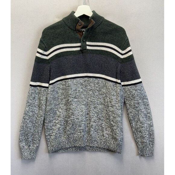 Chaps Men's Sz M Henley Grey Green Striped Pullover Mock Neck Heavy Knit Sweater - Picture 1 of 7